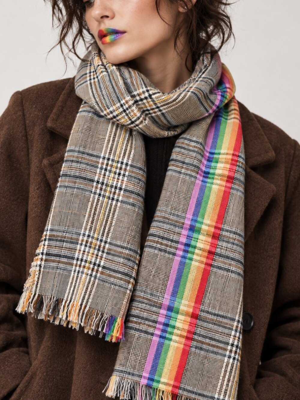 Plaid Rainbow Stripe Fringe Scarf Wrap Shawl 75 x 32